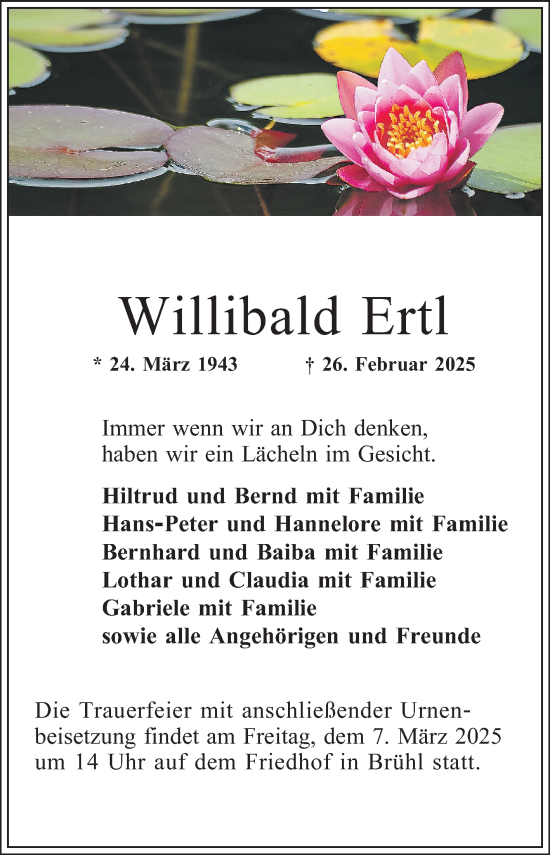 Traueranzeige von Willibald Ertl von Schwetzinger Zeitung