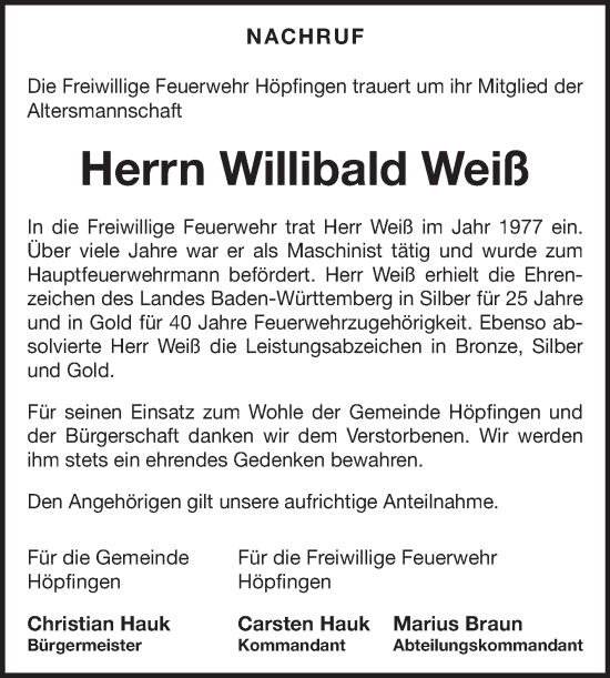 Traueranzeige von Willibald Weiß von Fränkische Nachrichten