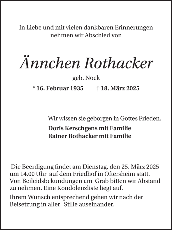 Traueranzeige von Ännchen Rothacker von Schwetzinger Zeitung