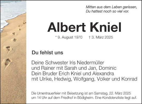 Traueranzeige von Albert Kniel von Fränkische Nachrichten
