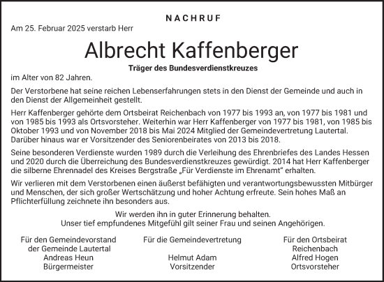 Traueranzeige von Albrecht Kaffenberger von Bergsträßer Anzeiger