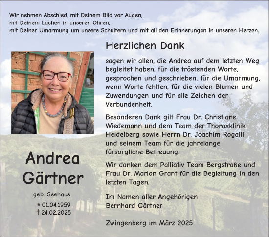 Traueranzeige von Andrea Gärtner von Bergsträßer Anzeiger