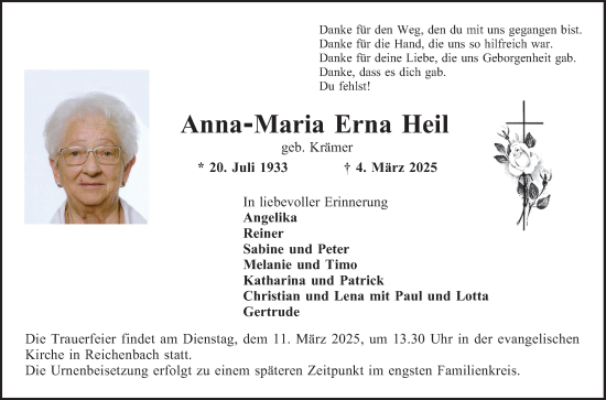 Traueranzeige von Anna-Maria Erna Heil von Bergsträßer Anzeiger