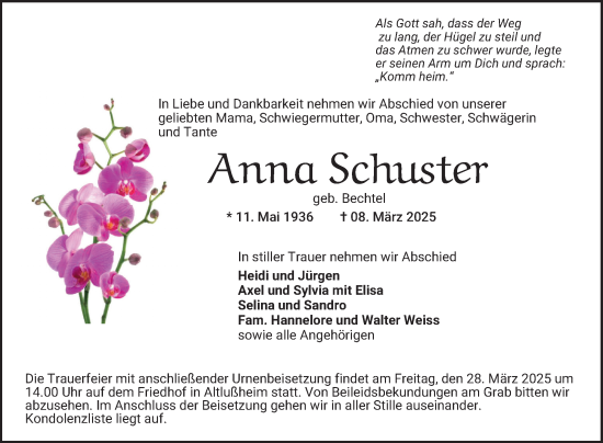 Traueranzeige von Anna Schuster von Schwetzinger Zeitung