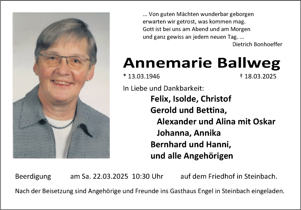  Traueranzeige für Annemarie Ballweg vom 21.03.2025 aus Fränkische Nachrichten