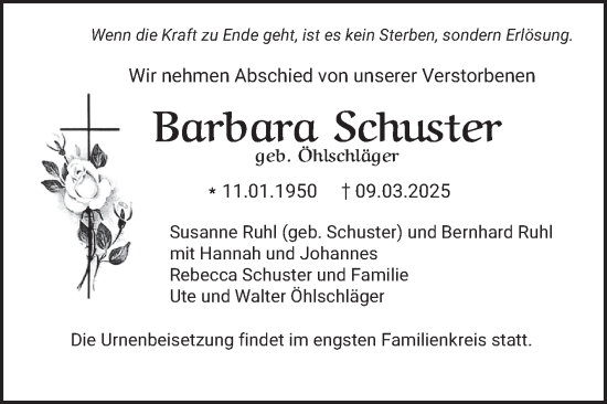 Traueranzeige von Barbara Schuster von Mannheimer Morgen