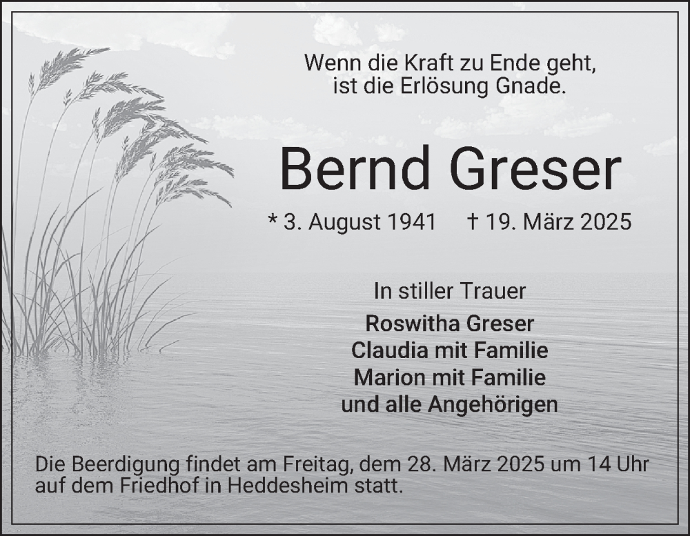  Traueranzeige für Bernd Greser vom 22.03.2025 aus Mannheimer Morgen