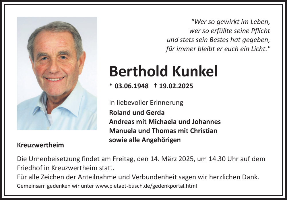  Traueranzeige für Berthold Kunkel vom 08.03.2025 aus Fränkische Nachrichten