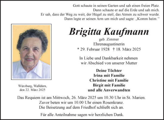 Traueranzeige von Brigitta Kaufmann von Fränkische Nachrichten