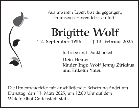Traueranzeige von Brigitte Wolf von Mannheimer Morgen