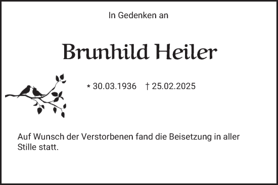 Traueranzeige von Brunhild Heiler von Mannheimer Morgen
