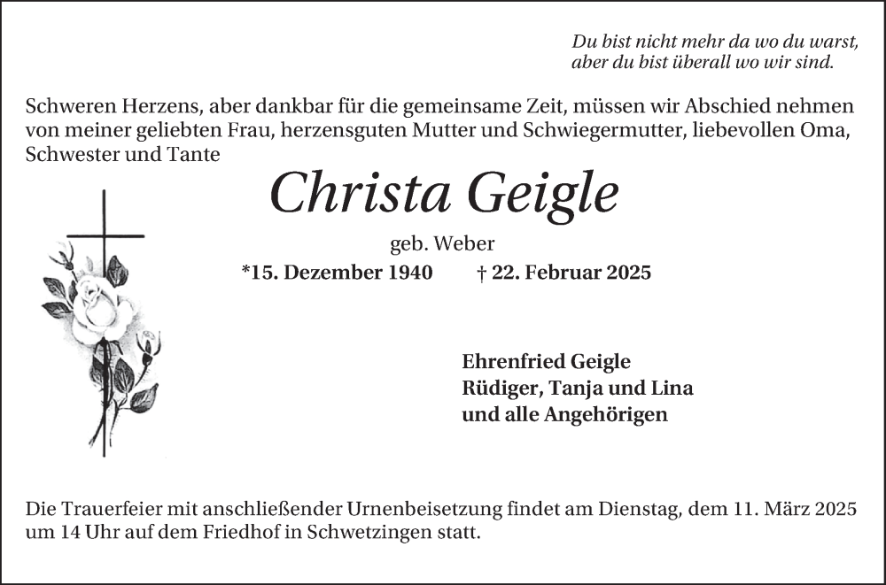  Traueranzeige für Christa Geigle vom 08.03.2025 aus Schwetzinger Zeitung