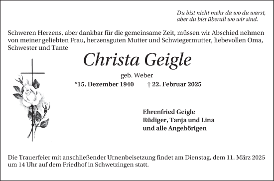 Traueranzeige von Christa Geigle von Schwetzinger Zeitung