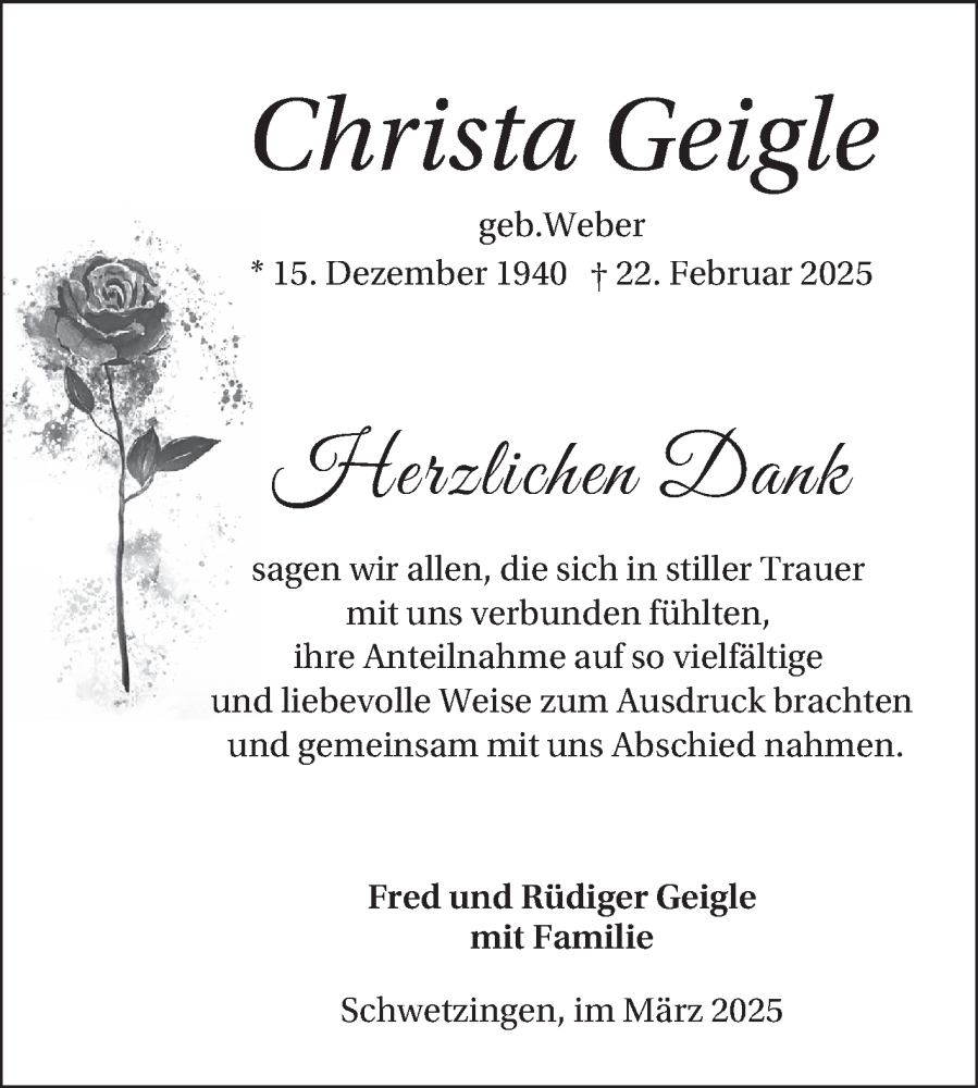  Traueranzeige für Christa Geigle vom 22.03.2025 aus Schwetzinger Zeitung