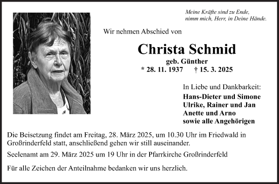 Traueranzeige von Christa Schmid von Fränkische Nachrichten