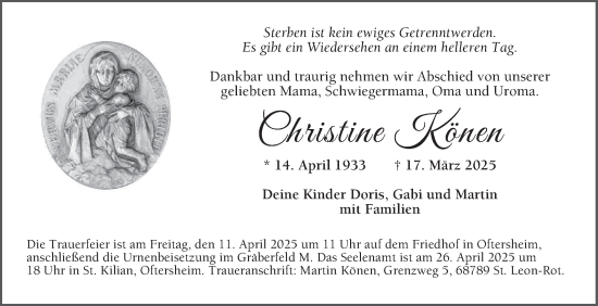 Traueranzeige von Christine Könen von Schwetzinger Zeitung