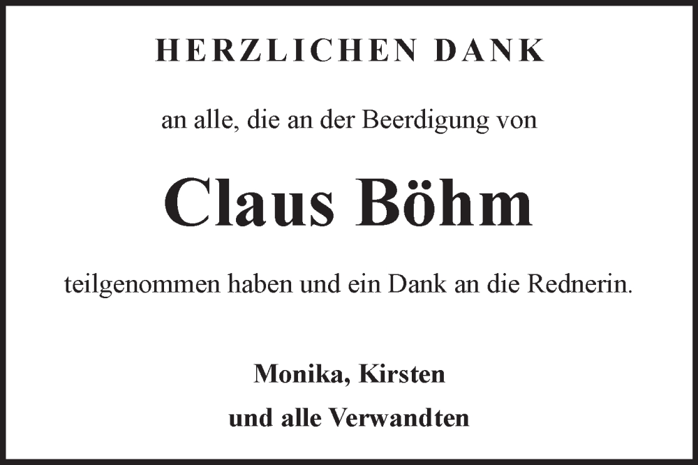  Traueranzeige für Claus Böhm vom 15.03.2025 aus Fränkische Nachrichten