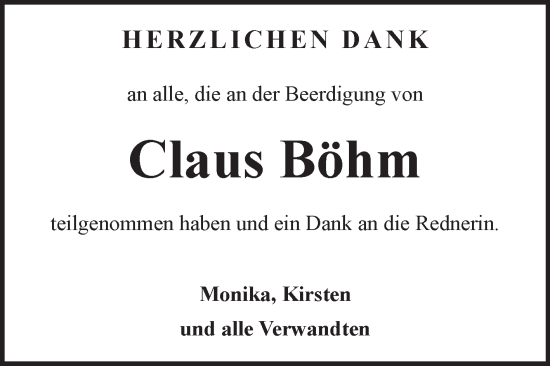 Traueranzeige von Claus Böhm von Fränkische Nachrichten
