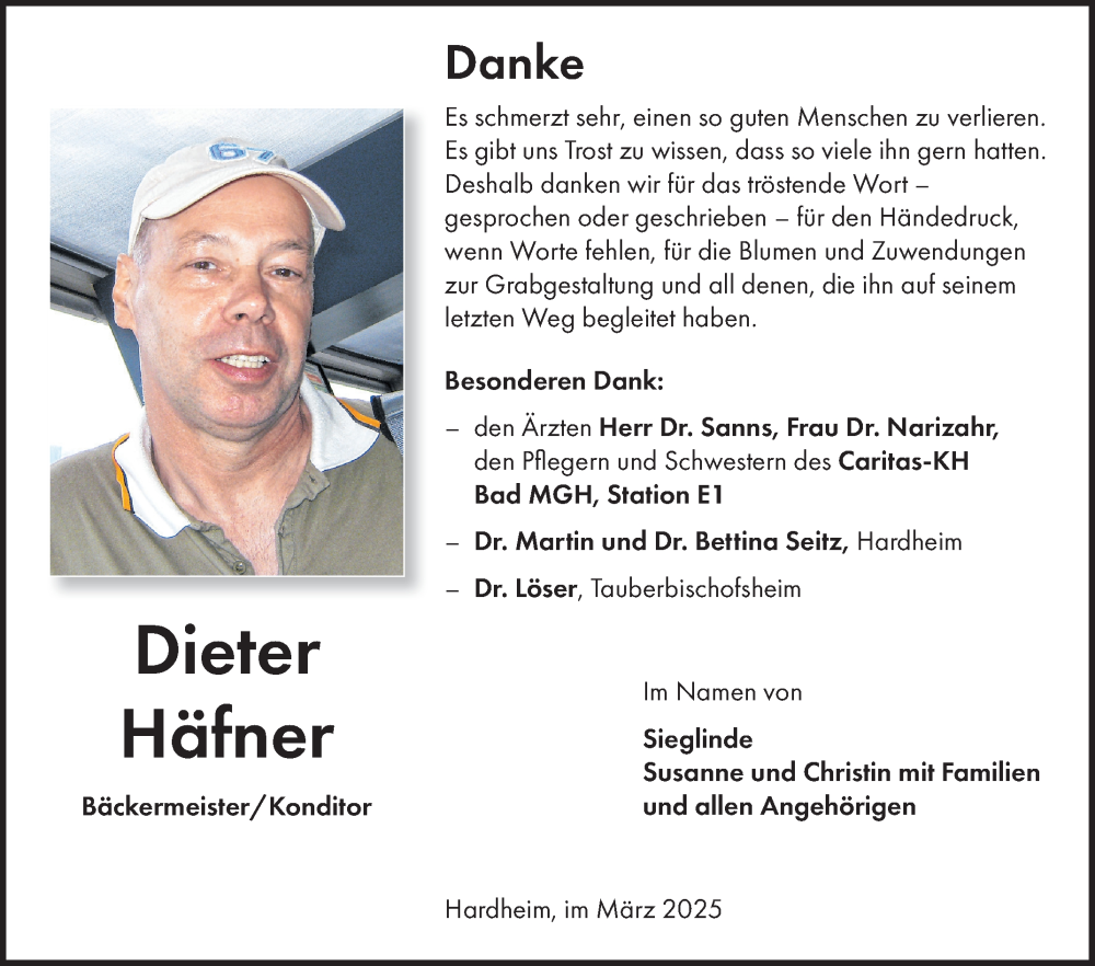  Traueranzeige für Dieter Häfner vom 22.03.2025 aus Fränkische Nachrichten