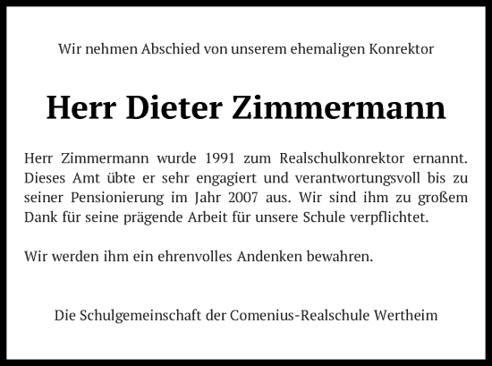 Traueranzeige von Dieter Zimmermann von Fränkische Nachrichten