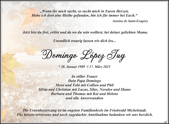 Traueranzeige von Domingo Lopez Jug von Fränkische Nachrichten