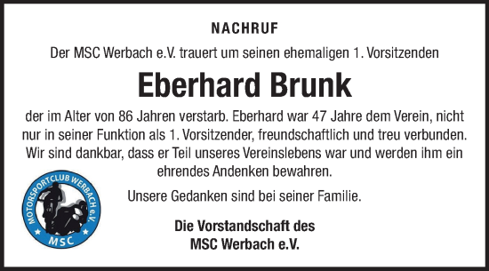 Traueranzeige von Eberhard Brunk von Fränkische Nachrichten