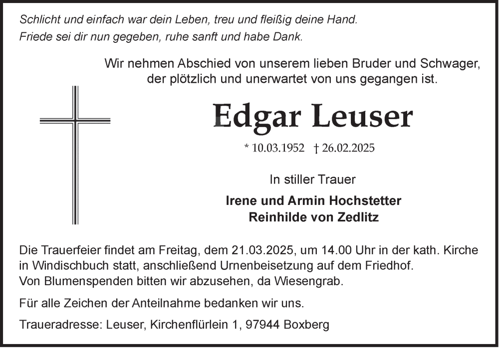  Traueranzeige für Edgar Leuser vom 15.03.2025 aus Fränkische Nachrichten