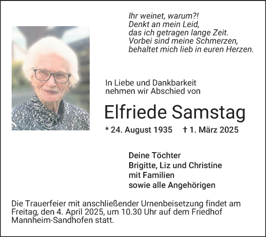 Traueranzeige von Elfriede Samstag von Mannheimer Morgen