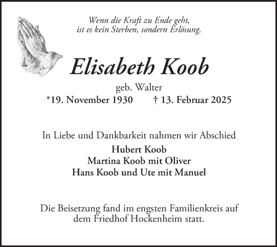 Traueranzeige von Elisabeth Koob von Schwetzinger Zeitung