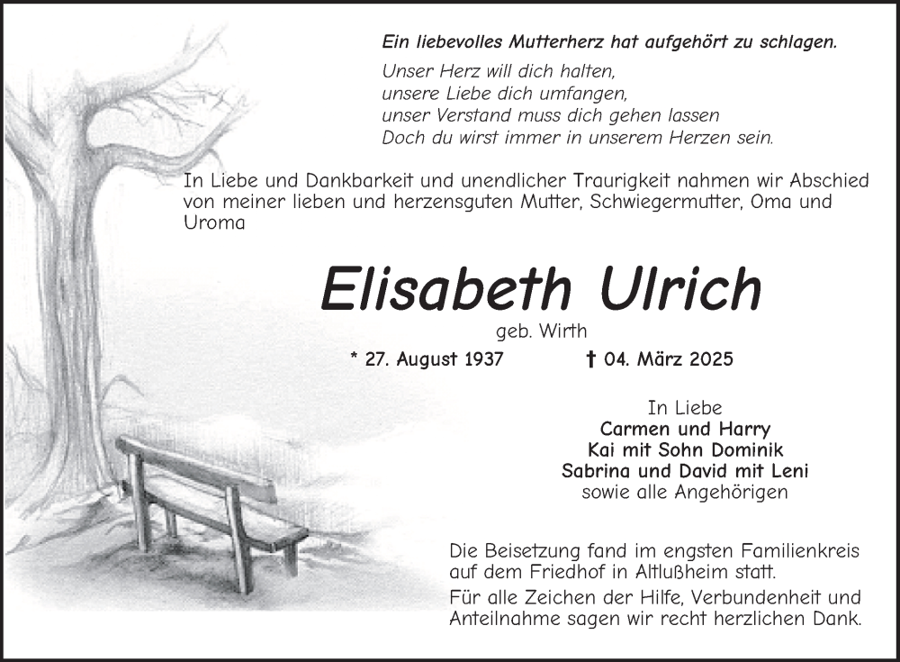  Traueranzeige für Elisabeth Ulrich vom 15.03.2025 aus Schwetzinger Zeitung