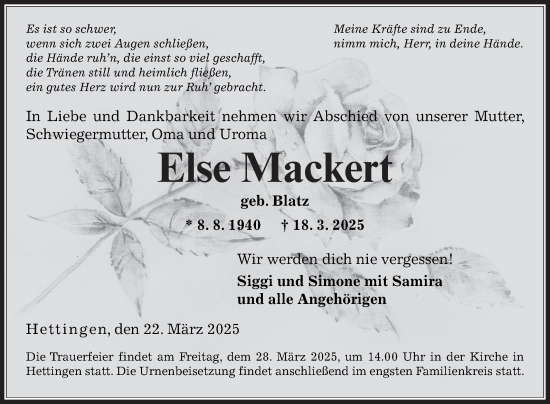 Traueranzeige von Else Mackert von Fränkische Nachrichten