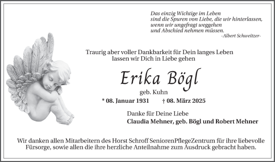 Traueranzeige von Erika Bögl von Mannheimer Morgen