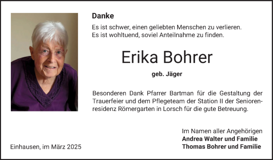 Traueranzeige von Erika Bohrer von Bergsträßer Anzeiger