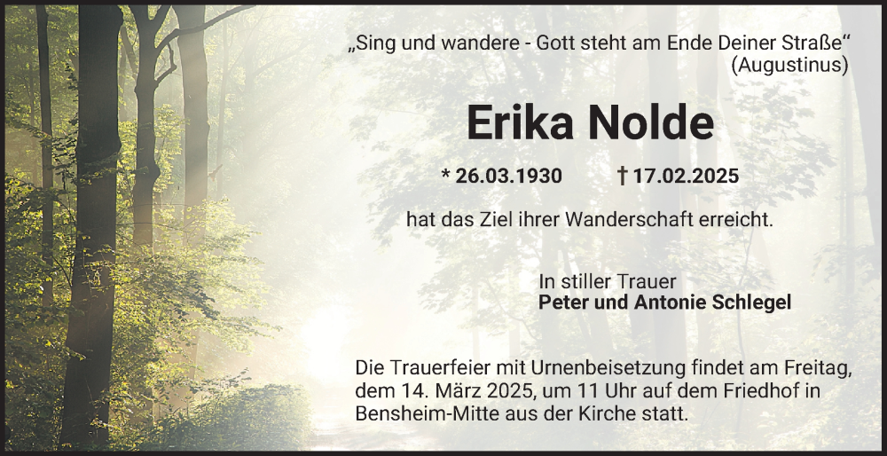  Traueranzeige für Erika Nolde vom 08.03.2025 aus Bergsträßer Anzeiger