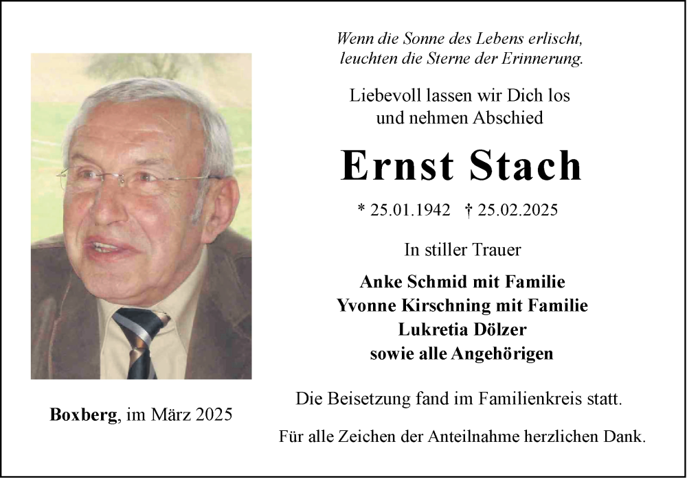  Traueranzeige für Ernst Stach vom 15.03.2025 aus Fränkische Nachrichten
