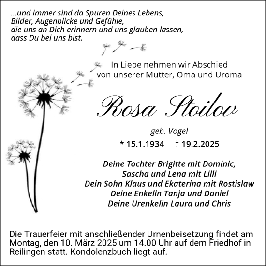 Traueranzeige von Rosa Stoilov von Schwetzinger Zeitung