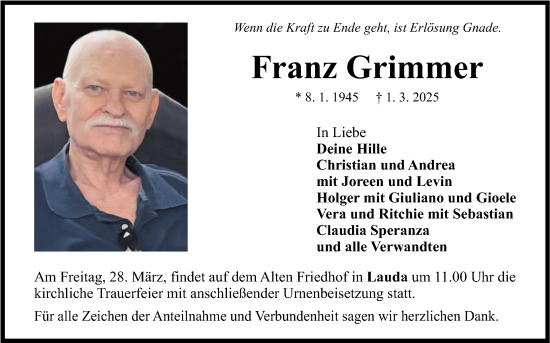 Traueranzeige von Franz Grimmer von Fränkische Nachrichten