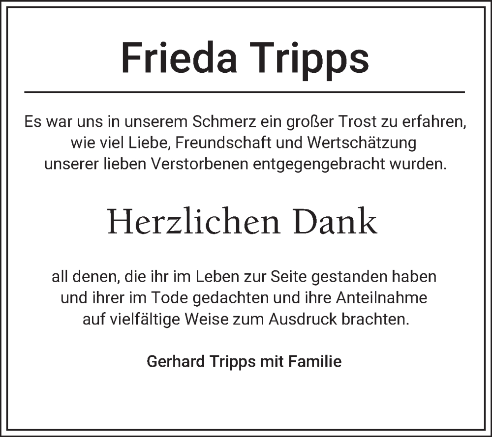  Traueranzeige für Frieda Tripps vom 21.03.2025 aus Fränkische Nachrichten