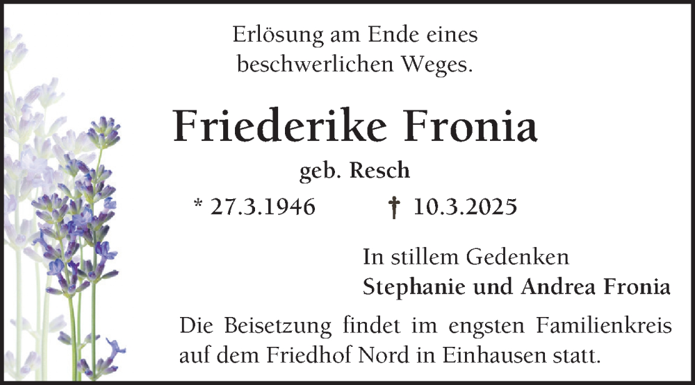  Traueranzeige für Friederike Fronia vom 22.03.2025 aus Bergsträßer Anzeiger