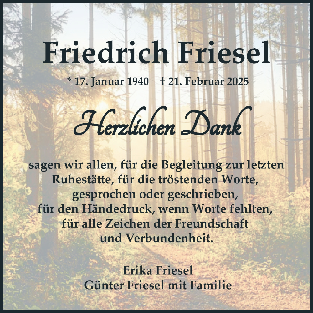  Traueranzeige für Friedrich Friesel vom 29.03.2025 aus Mannheimer Morgen