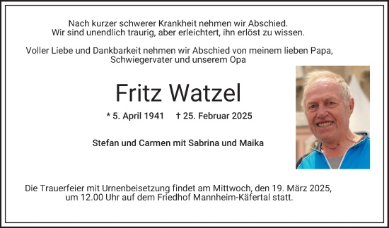 Traueranzeige von Fritz Watzel von Mannheimer Morgen