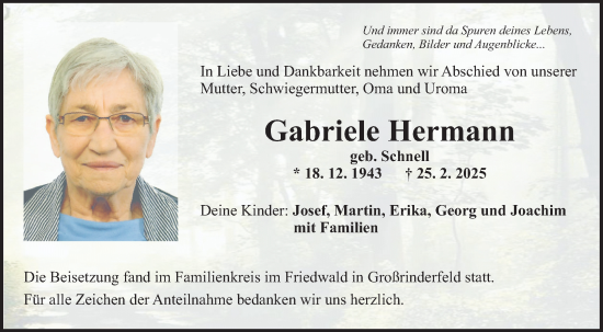 Traueranzeige von Gabriele Hermann von Fränkische Nachrichten