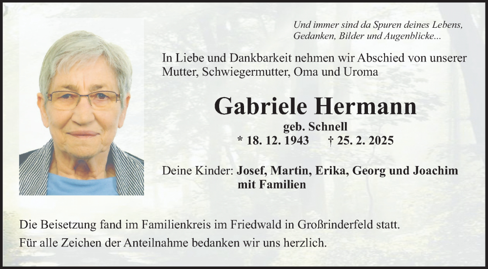  Traueranzeige für Gabriele Hermann vom 15.03.2025 aus Fränkische Nachrichten