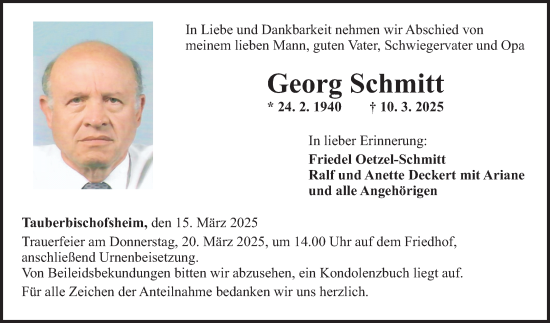 Traueranzeige von Georg Schmitt von Fränkische Nachrichten
