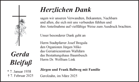 Traueranzeige von Gerda Bleifuß von Fränkische Nachrichten