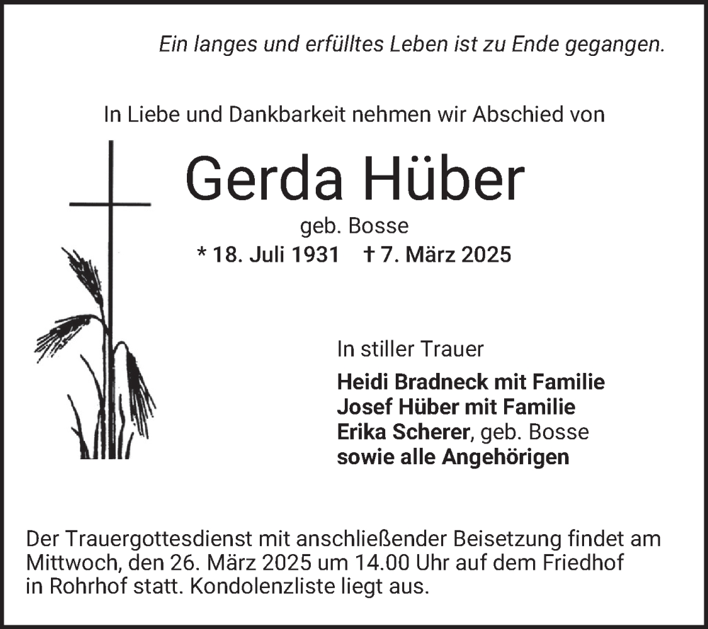  Traueranzeige für Gerda Hüber vom 22.03.2025 aus Schwetzinger Zeitung