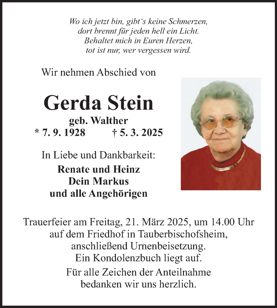  Traueranzeige für Gerda Stein vom 15.03.2025 aus Fränkische Nachrichten