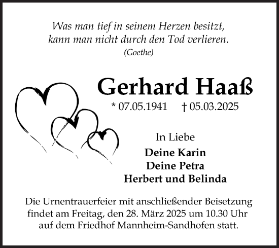 Traueranzeige von Gerhard Haaß von Mannheimer Morgen