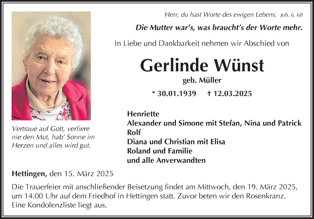  Traueranzeige für Gerlinde Wünst vom 15.03.2025 aus Fränkische Nachrichten