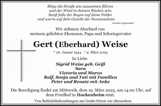 Traueranzeige von Gert Eberhard Weise von Schwetzinger Zeitung
